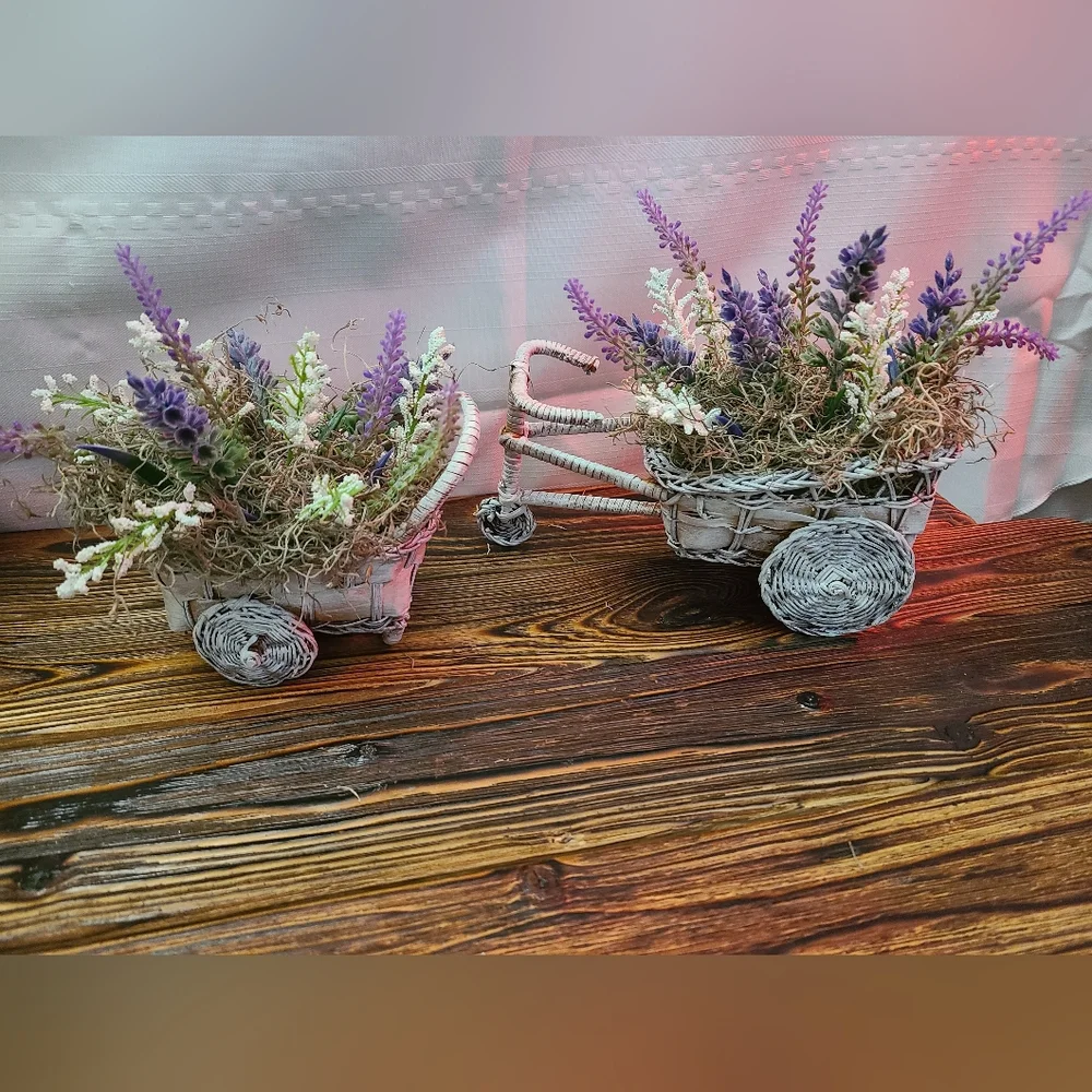 Set of Two Cottagecore Wicker Planters with Lavendar Flowers